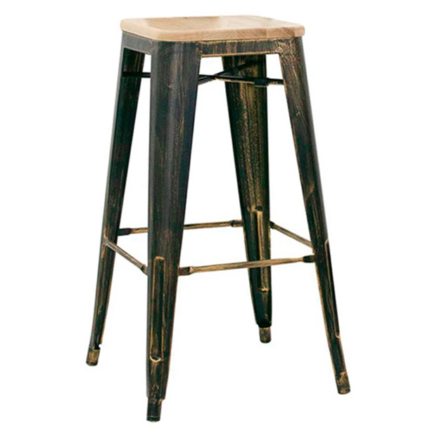 5165T - Tabouret haut métallique style industriel empilable acier vieilli assise bois - Café Bar Restaurant Horeca.webp