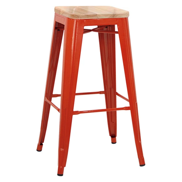 5165T - Tabouret haut métallique style industriel empilable rouge assise bois - Café Bar Restaurant Horeca.webp
