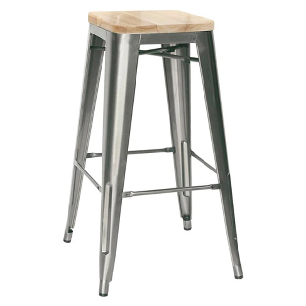 5165T - Tabouret haut métallique style industriel empilable assise bois- Café Bar Restaurant Horeca.webp