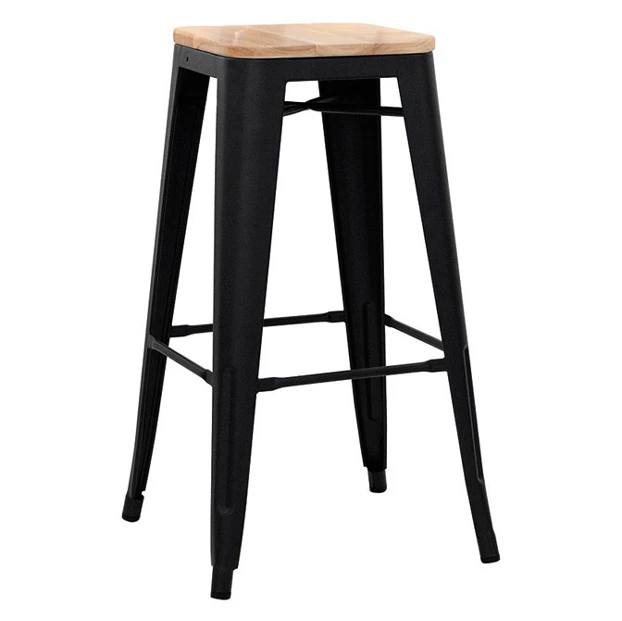 5165T - Tabouret haut métallique style industriel empilable noir assise bois - Café Bar Restaurant Horeca.webp