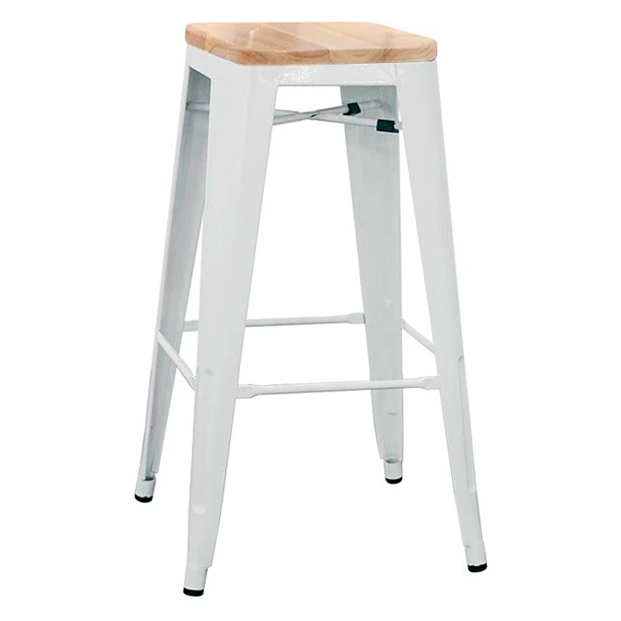 5165T - Tabouret haut métallique style industriel empilable blanc assise bois - Café Bar Restaurant Horeca.webp