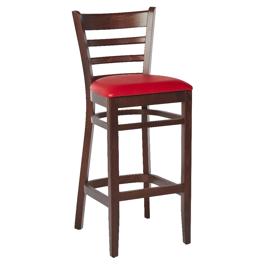 1312T - Tabouret haut bistrot bois dossier barreaux assise rembourée rouge - Café Bar Restaurant Horeca.webp