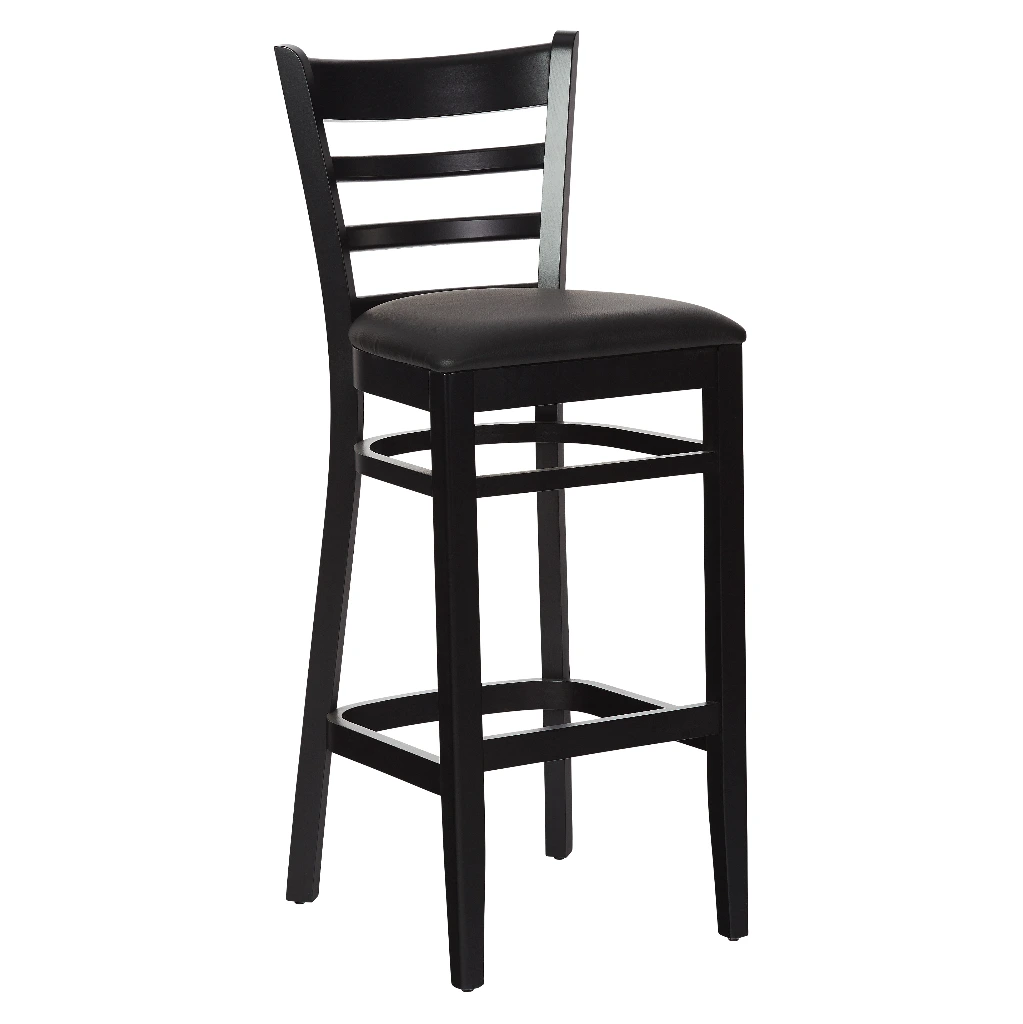 1312T - Tabouret haut bistrot bois dossier barreaux assise rembourée noire bois noir- Café Bar Restaurant Horeca.webp