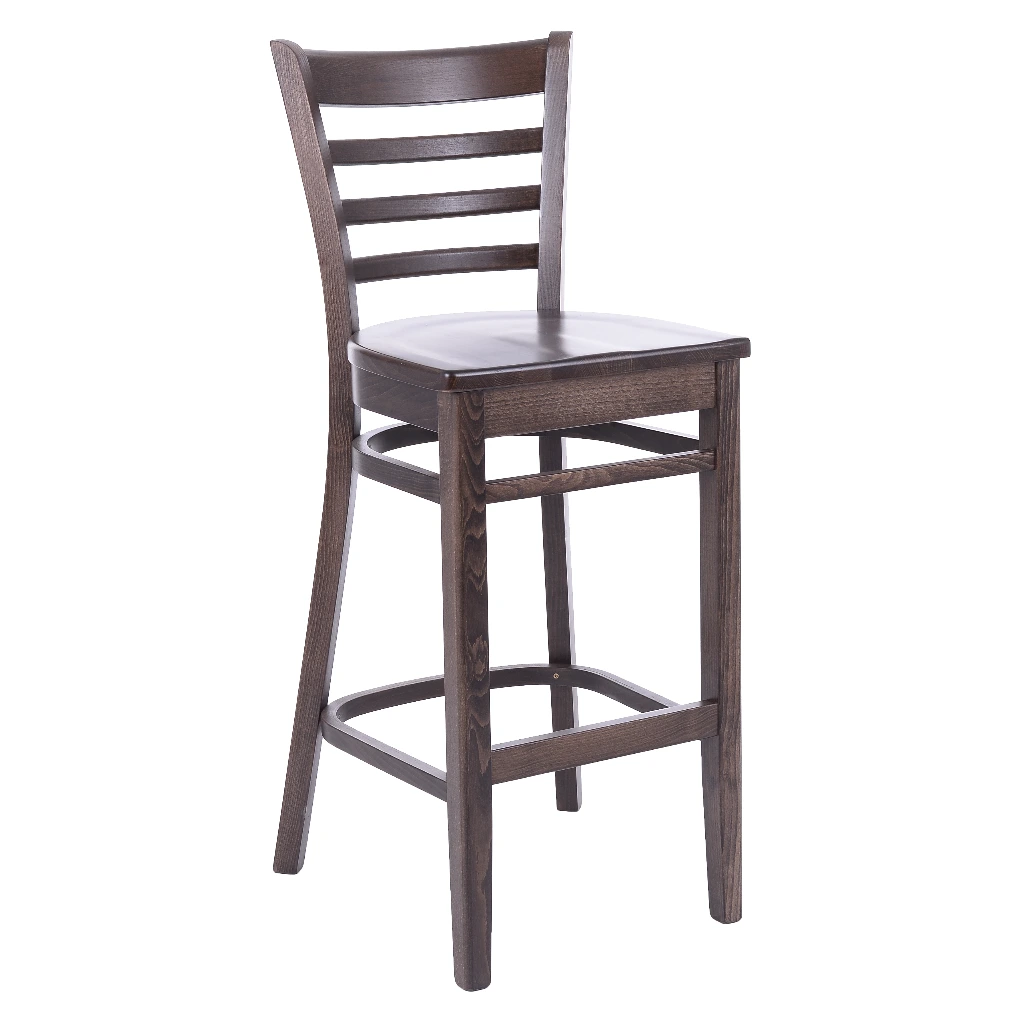 1312T - Tabouret haut bistrot bois dossier barreaux assise bois massif - Café Bar Restaurant Horeca.webp