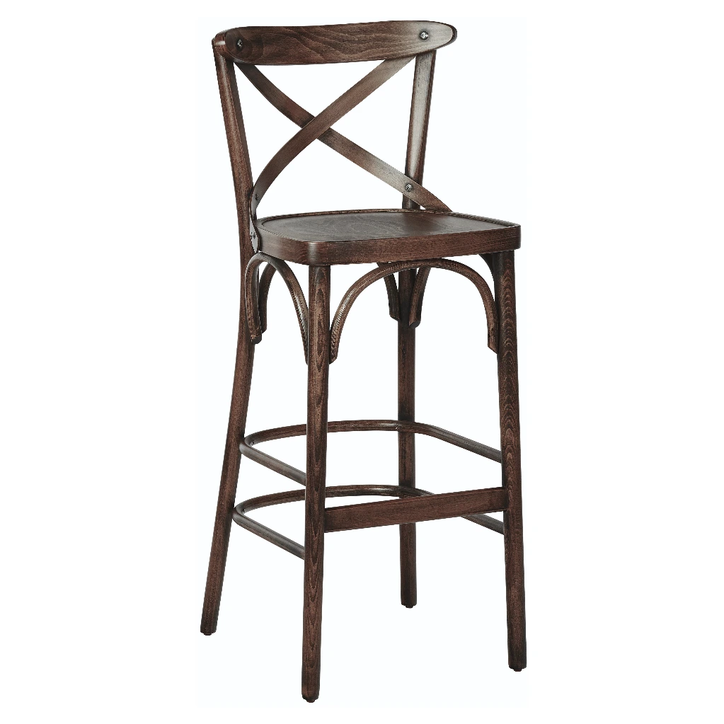 1341T - Tabouret haut bistrot viennois bois dossier croisé chêne foncé- Café Bar Restaurant Horeca.webp