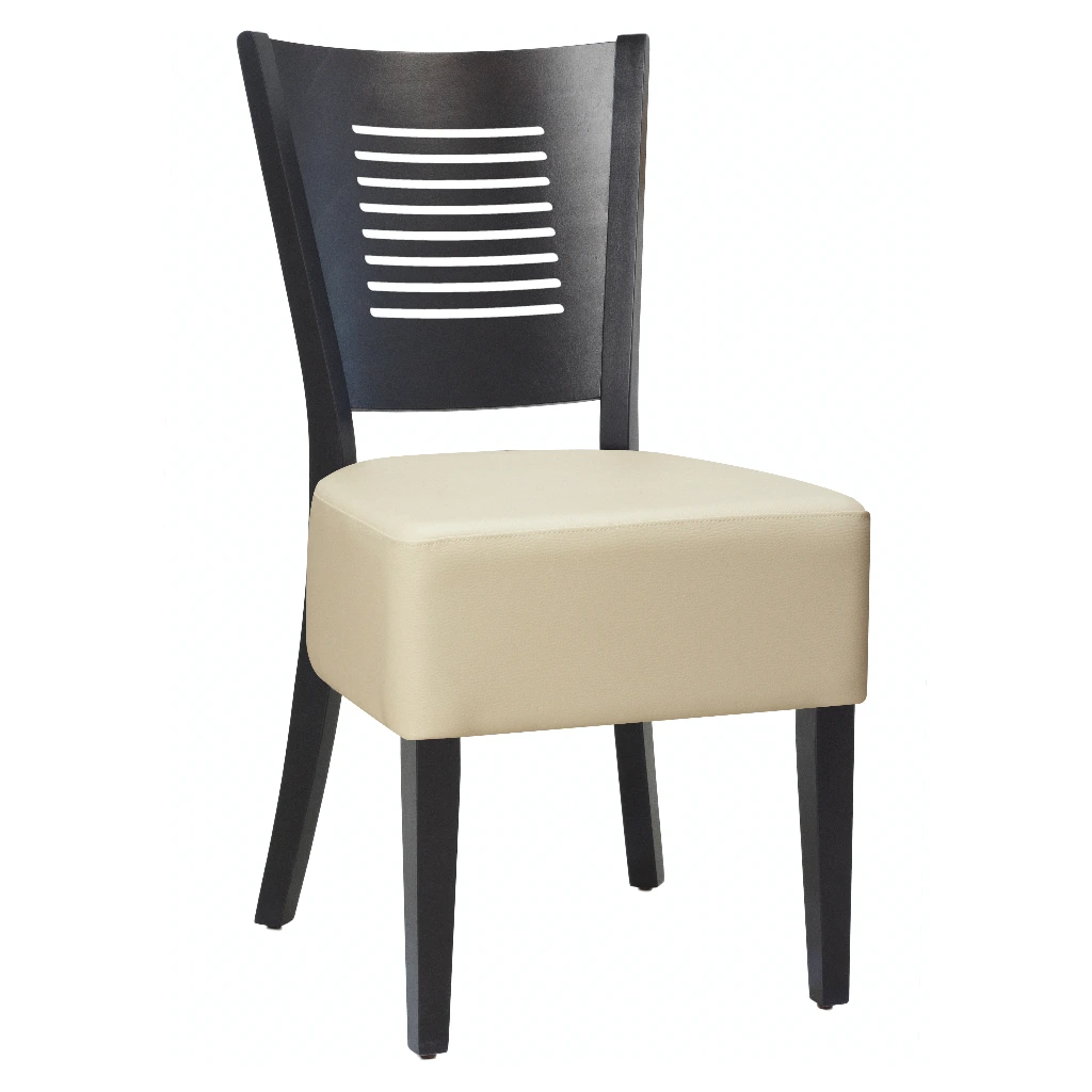 1372 - Chaise bois dossier plein assise rembourrée longue avec motif - Café Bar Restaurant Horeca.webp