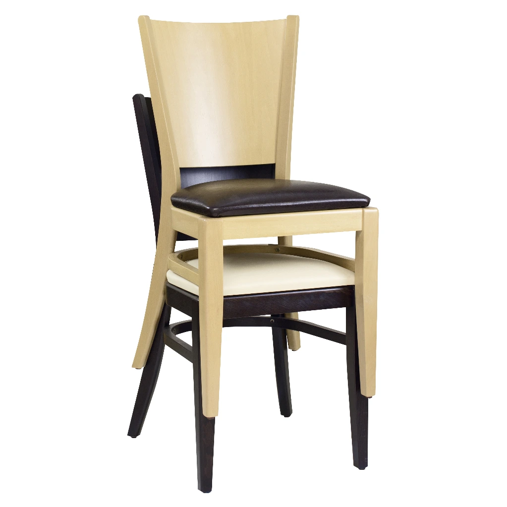 1372 - Chaise bois dossier plein assise rembourrée empilable - Café Bar Restaurant Horeca.webp