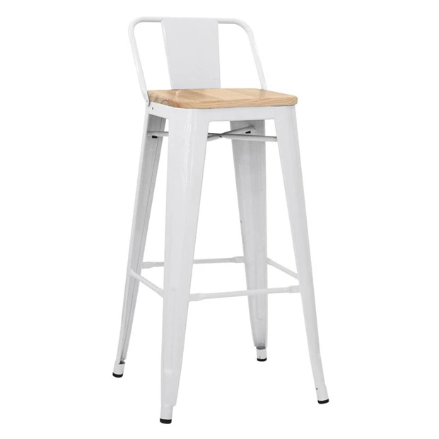 5164T - Tabouret haut métallique style industriel coloris blanc avec dossier assise bois Horeca.webp