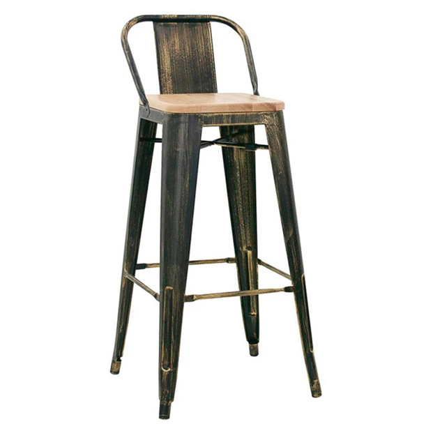 5164T - Tabouret haut métallique style industriel coloris acier vieilli avec dossier assise bois Horeca.webp