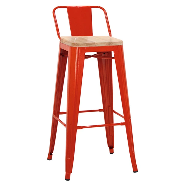 5164T - Tabouret haut métallique style industriel coloris rouge avec dossier assise bois Horeca.webp