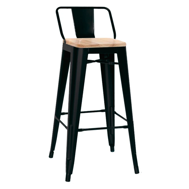 5164T - Tabouret haut métallique style industriel coloris noir avec dossier assise bois Horeca.webp